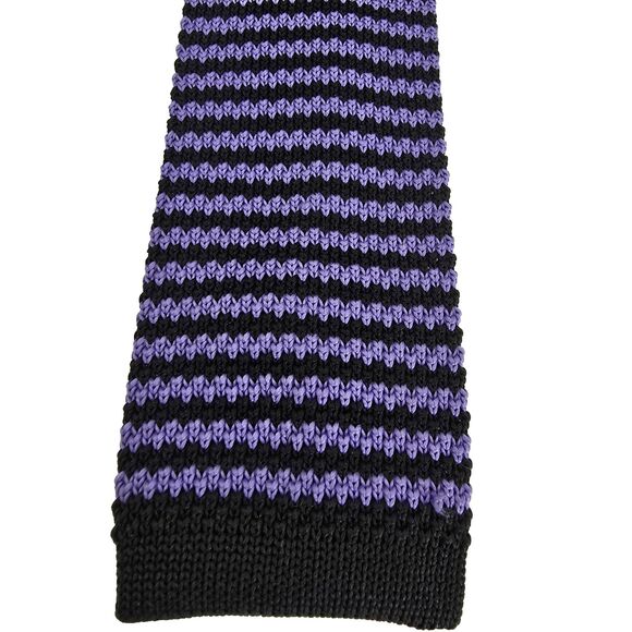 Chaps Knit Skinny Tie Black Purple Striped Mens Handmade Neckwear Square Tip - Picture 8 of 12